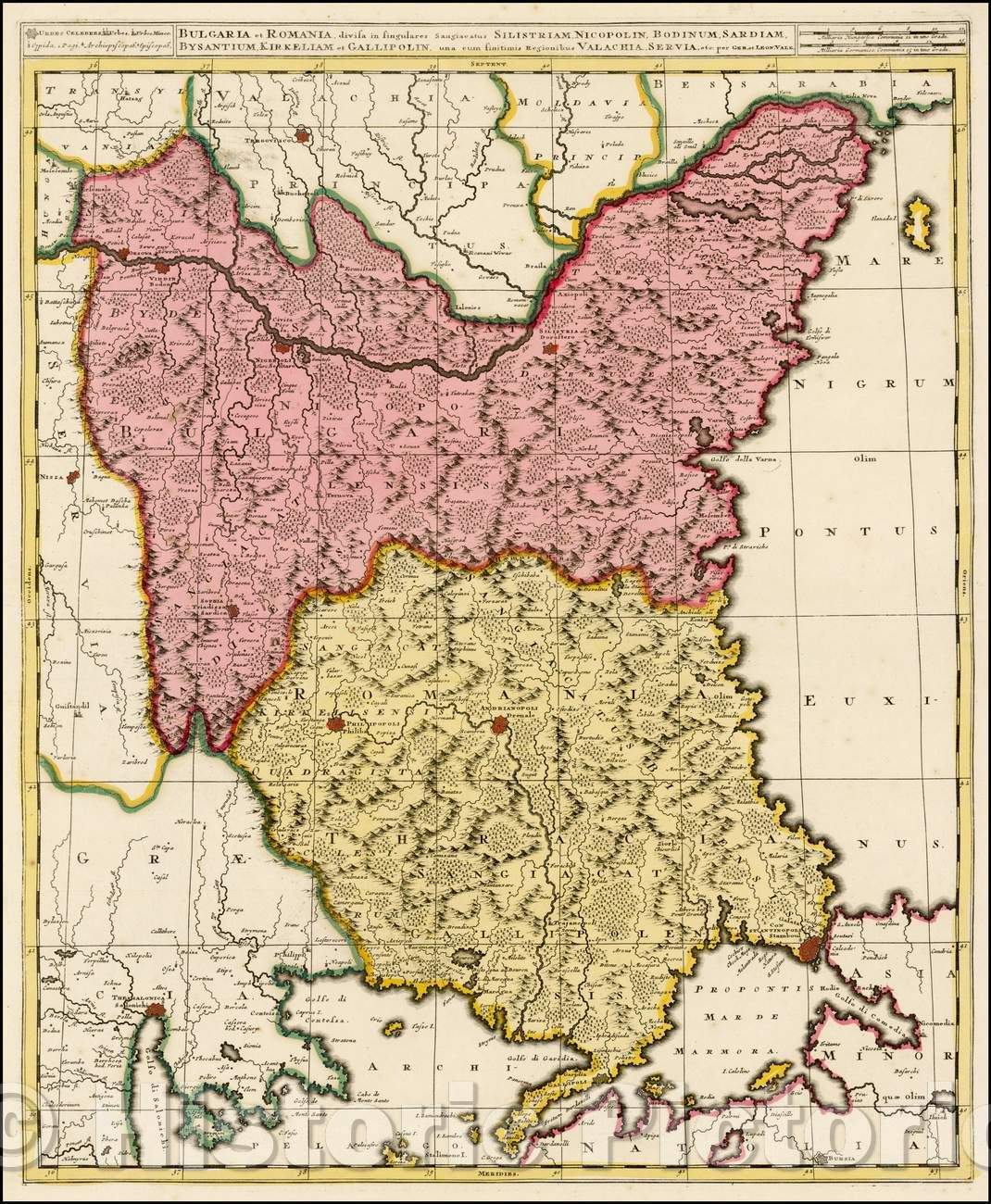 Historic Map - Bulgaria et Romania: divisa in singulares sangiacatus Silistriam, Nicopolin, Bodinum, Sardiam, Bysantium, Kirkeliam et Gallipolin, 1690 v1