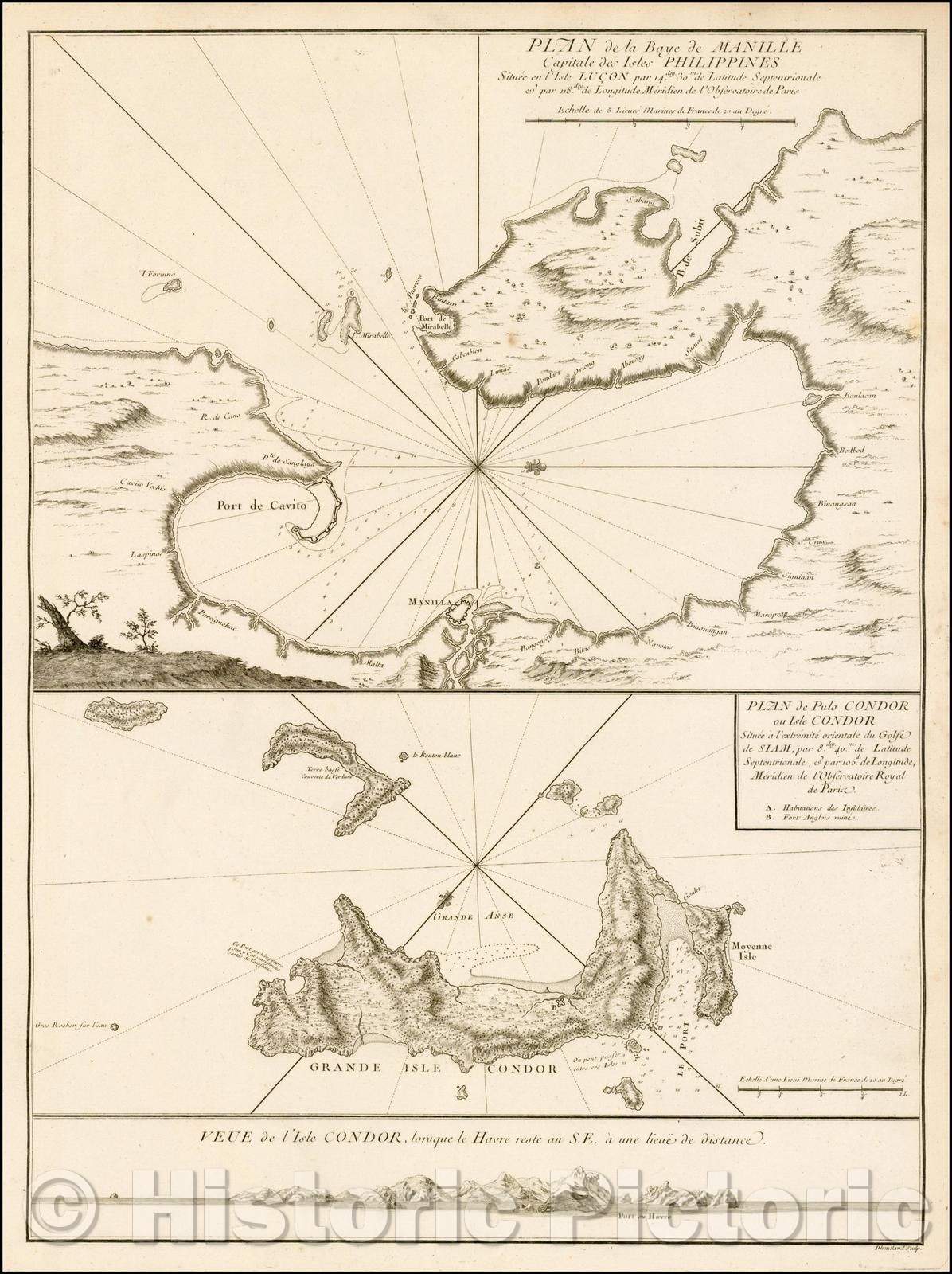 Historic Map - Plan de la baye de Manille capitale des isles Philippines :: of the capital Manila bay islands of the Philippines located in the Luzon island, 1745 - Vintage Wall Art