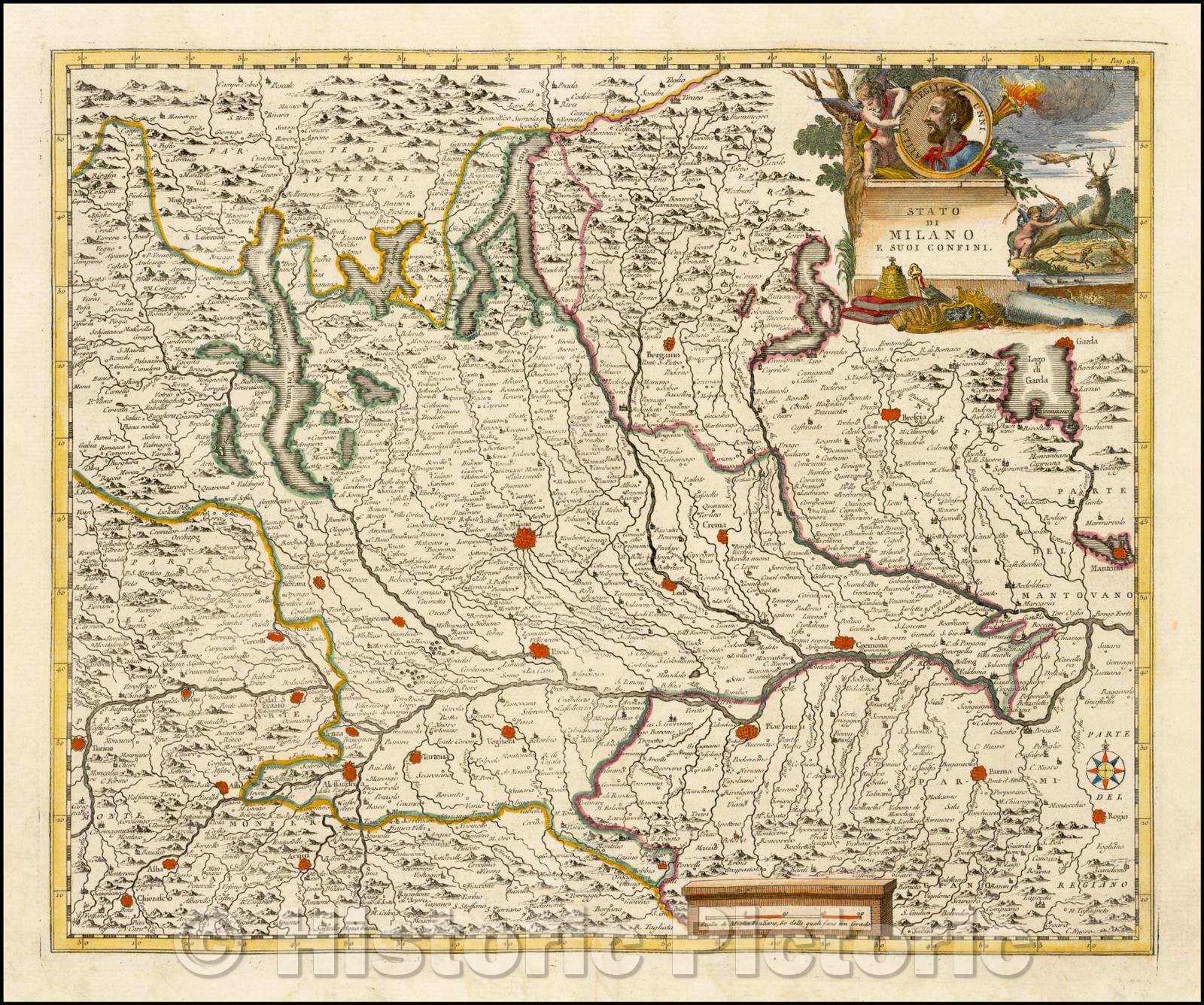 Historic Map - Stato Di Milano E Suoi Confini/Map of State of MIlan and environs in Italy, centered on Milano, 1740, Giambattista Albrizzi - Vintage Wall Art