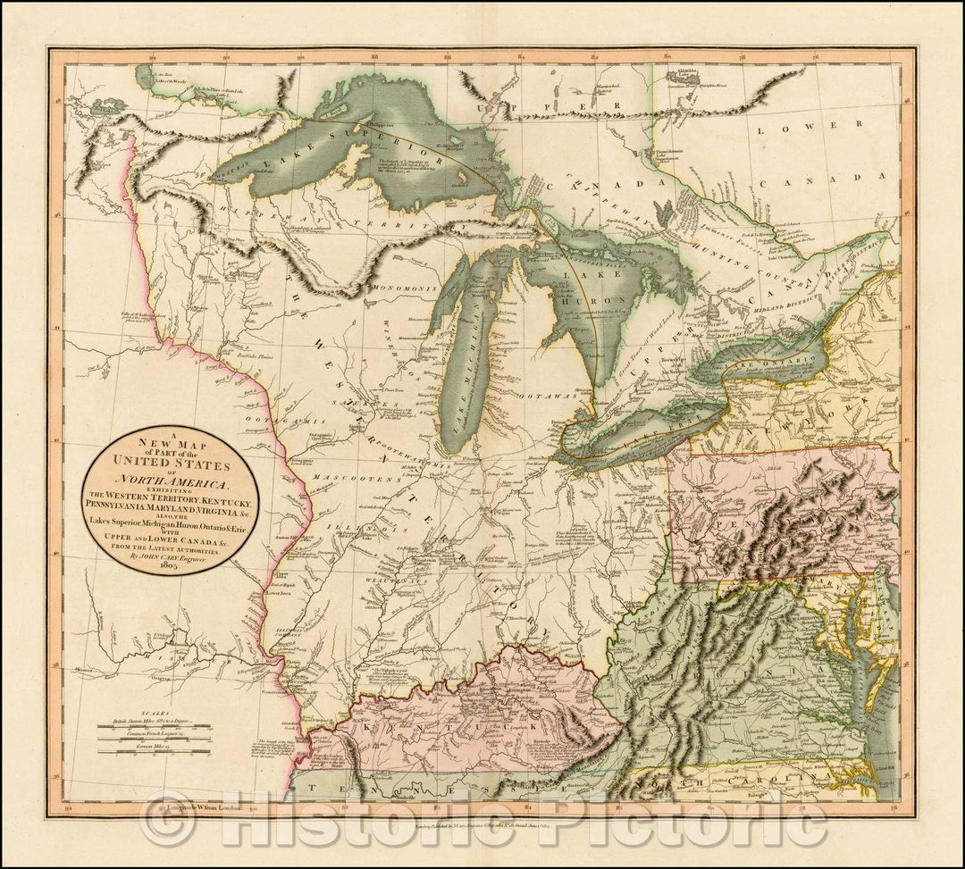 Historic Map - Part of the United States of North America, Exhibiting The Western Territory, Kentucky, Pennsylvania, Maryland, Virginia, 1805, John Cary - Vintage Wall Art