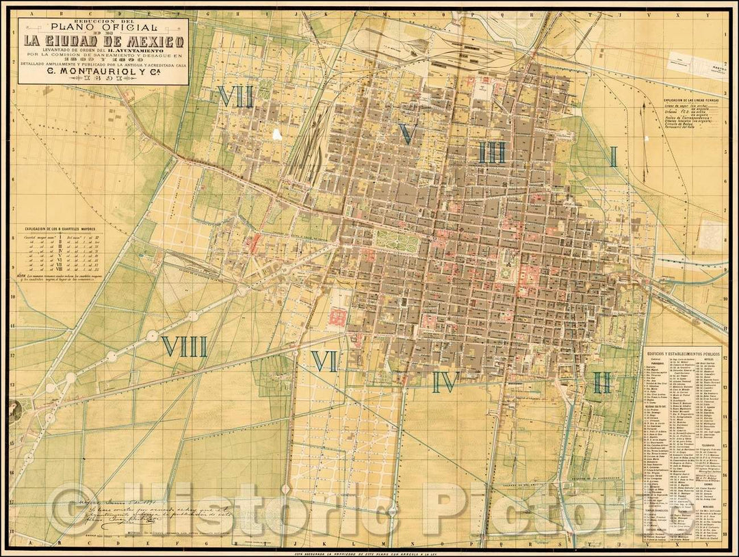 Historic Map - Reduccion Del Plano Oficial de La Ciudad De Mexico Levantado De Orden/REDUCING Official Plan Mexico City Levantado Order, 1891, Montauriol y Ca. - Vintage Wall Art