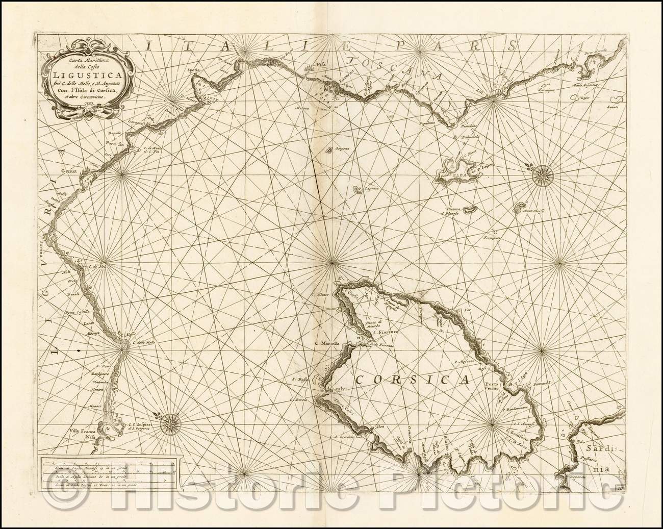 Historic Map - Carta Maritima della Costa Ligustica fra C. delle Melle e M. Argentato con l'Isola di C :: Chart of the coast of Liguria and Tuscany, Corsica, 1695 - Vintage Wall Art