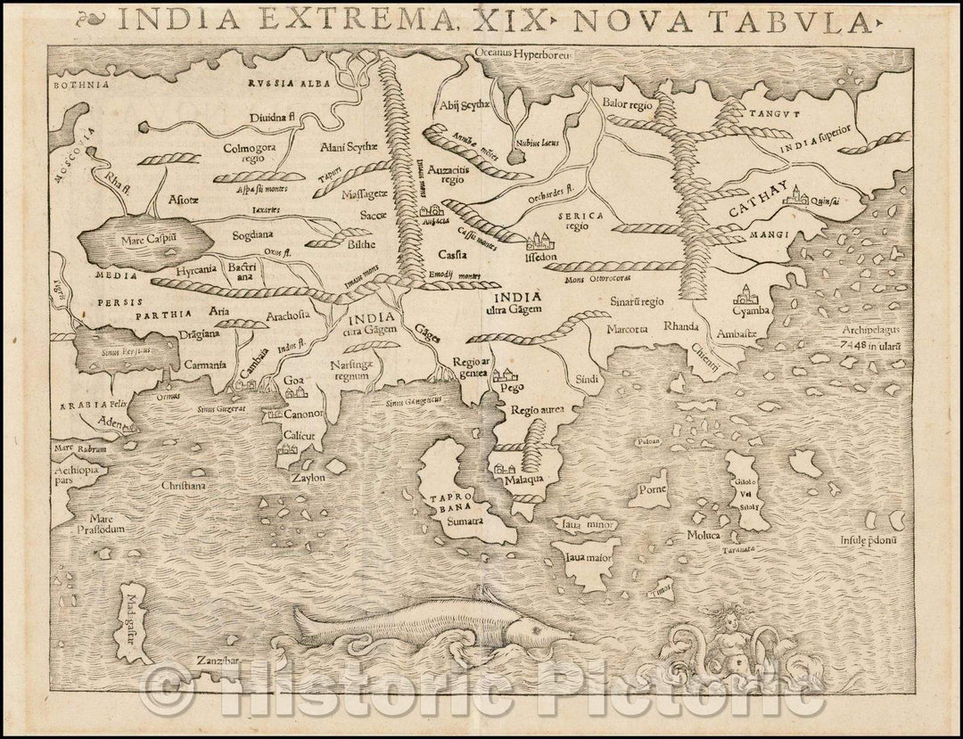 Historic Map - India Extrema XIX Nova Tabula 1st Printed Map of Asia, 1540, Sebastian M?nster v2