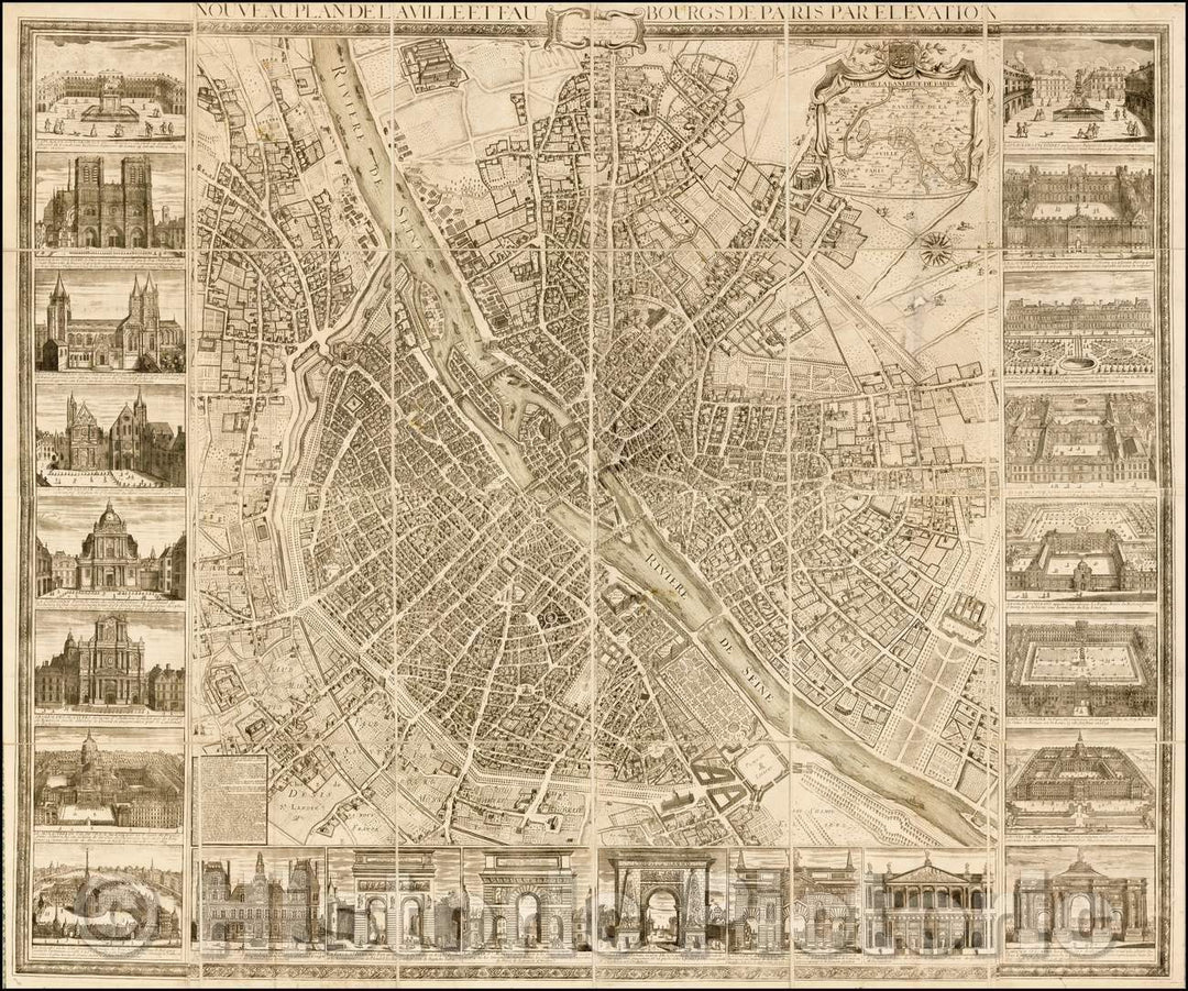 Historic Map - Nouveau Plan de la Ville et Faubourgs de Paris par El?ation/Plan of Paris, published by Jean Janvier in Paris, 1765, Jean Janvier - Vintage Wall Art