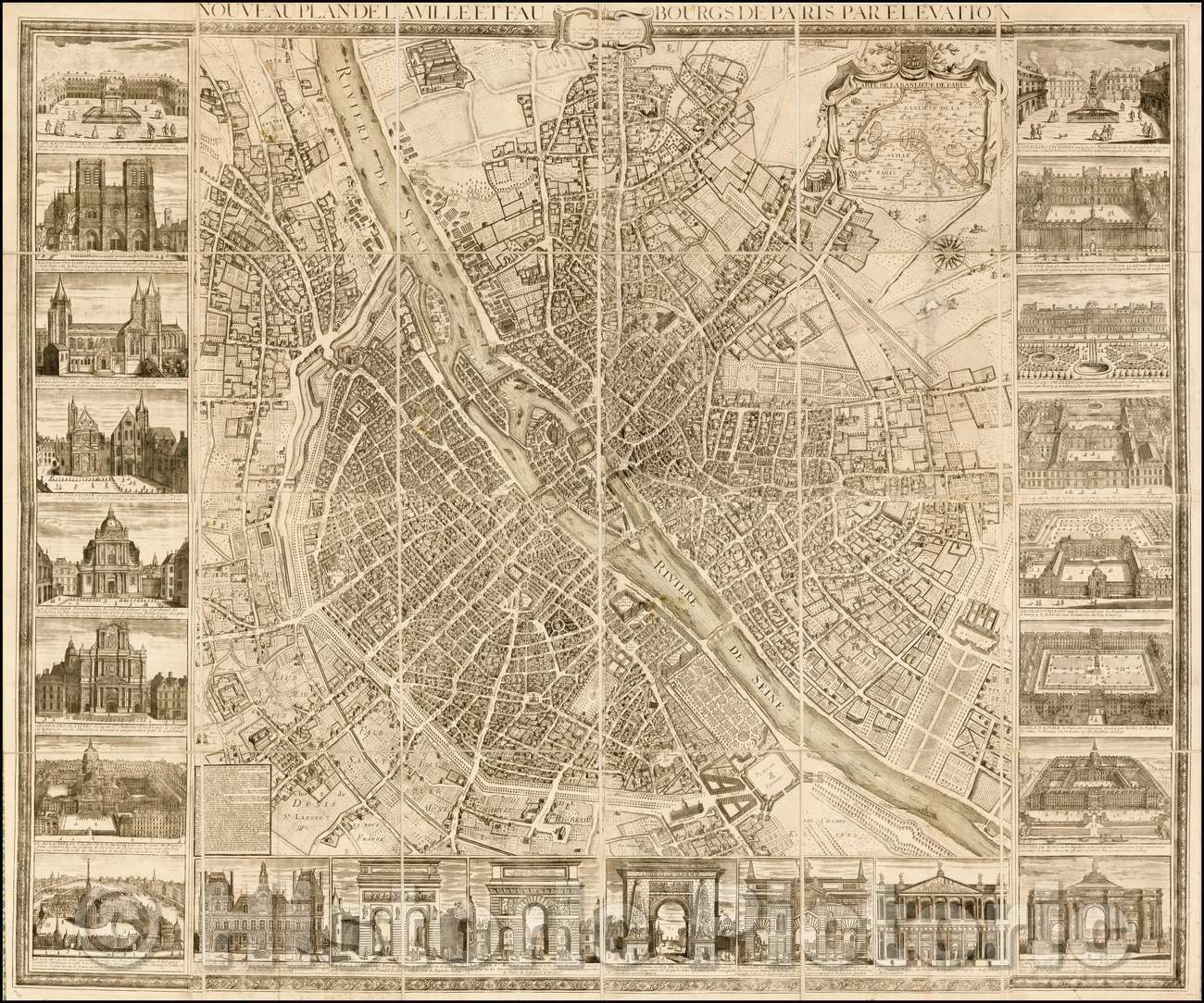 Historic Map - Nouveau Plan de la Ville et Faubourgs de Paris par El?ation/Plan of Paris, published by Jean Janvier in Paris, 1765, Jean Janvier - Vintage Wall Art