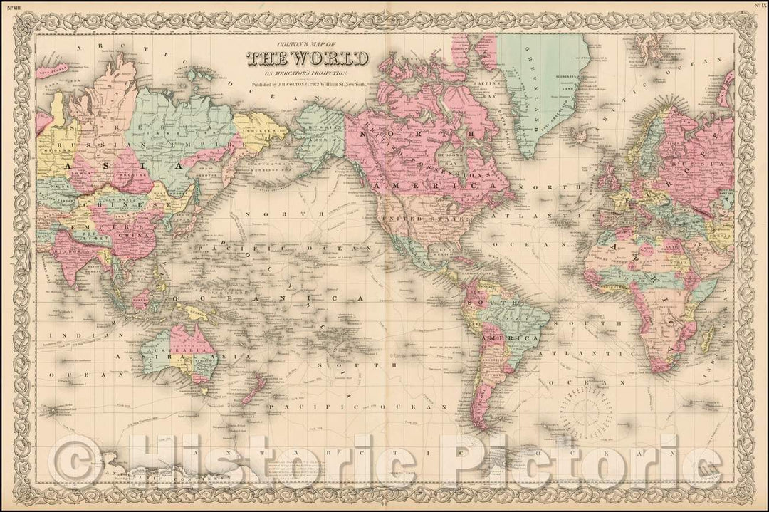 Historic Map - Colton's Map of the World on Mercator's Projection, 1855, Joseph Hutchins Colton - Vintage Wall Art