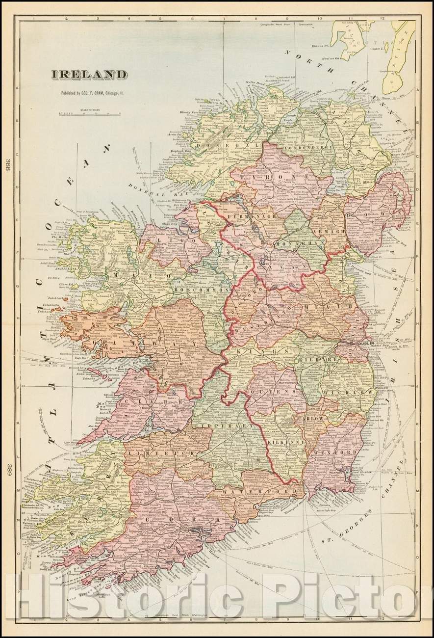 Historic Map - Ireland, 1899, George F. Cram - Vintage Wall Art