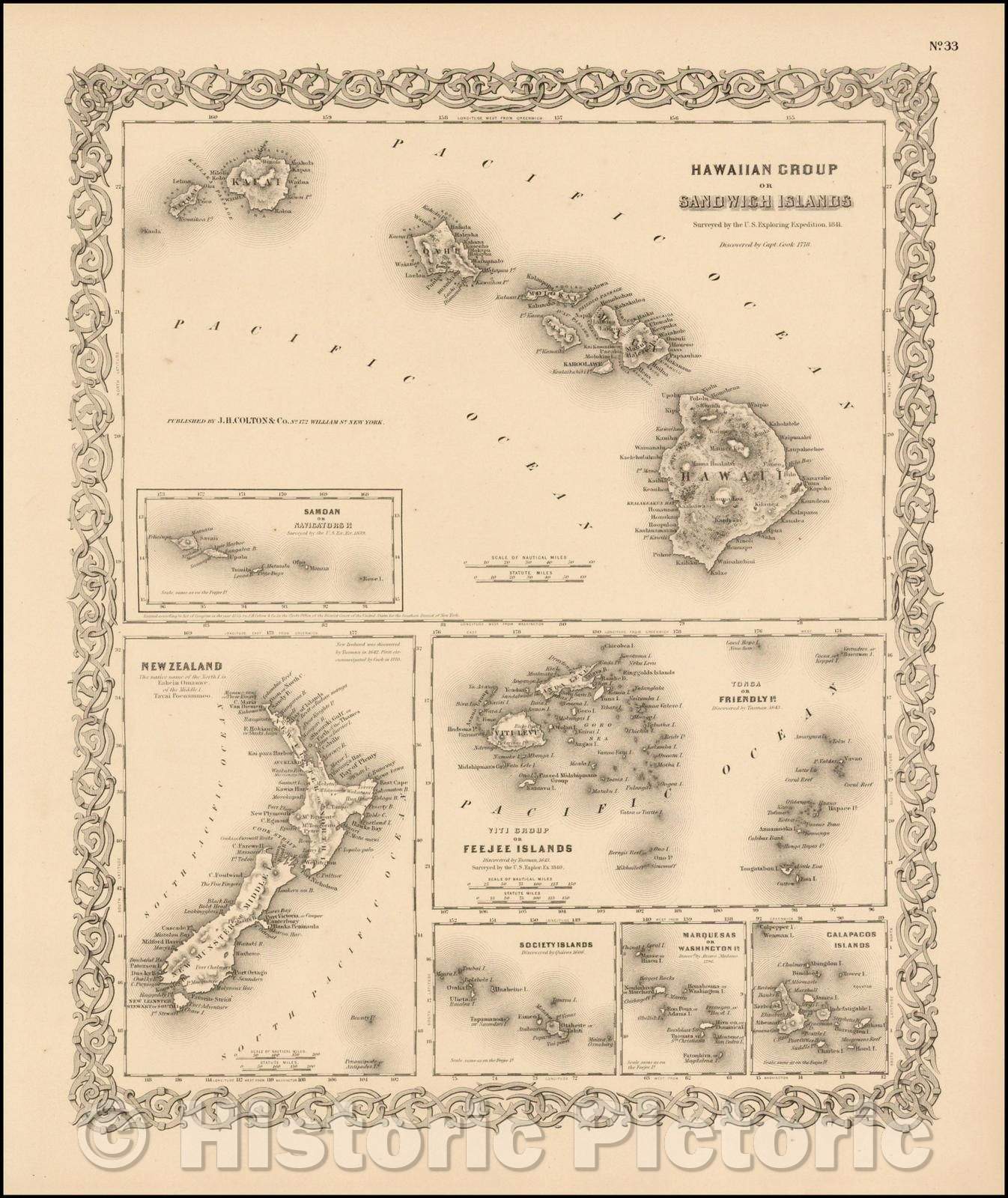 Historic Map - Hawaiian Group or Sandwich Islands [with] New Zealand [and] Feejee Group, Society Island, Marquesas and Galapagos Islands, 1855 v2