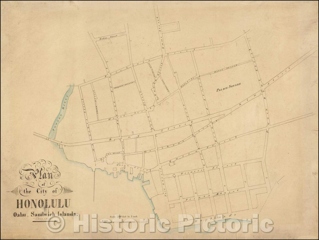 Historic Map - Plan of the City of Honolulu Oahu, Sandwich Islands, 1858, Anonymous - Vintage Wall Art