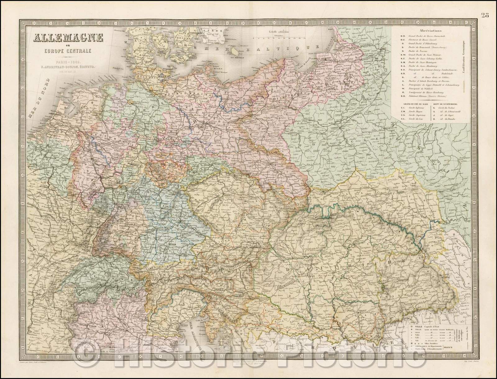 Historic Map - Allemagne ou Europe Centrale/Wash color example of Andriveau Goujon's Map of Germany and Central Europe, 1862, J. Andriveau-Goujon - Vintage Wall Art