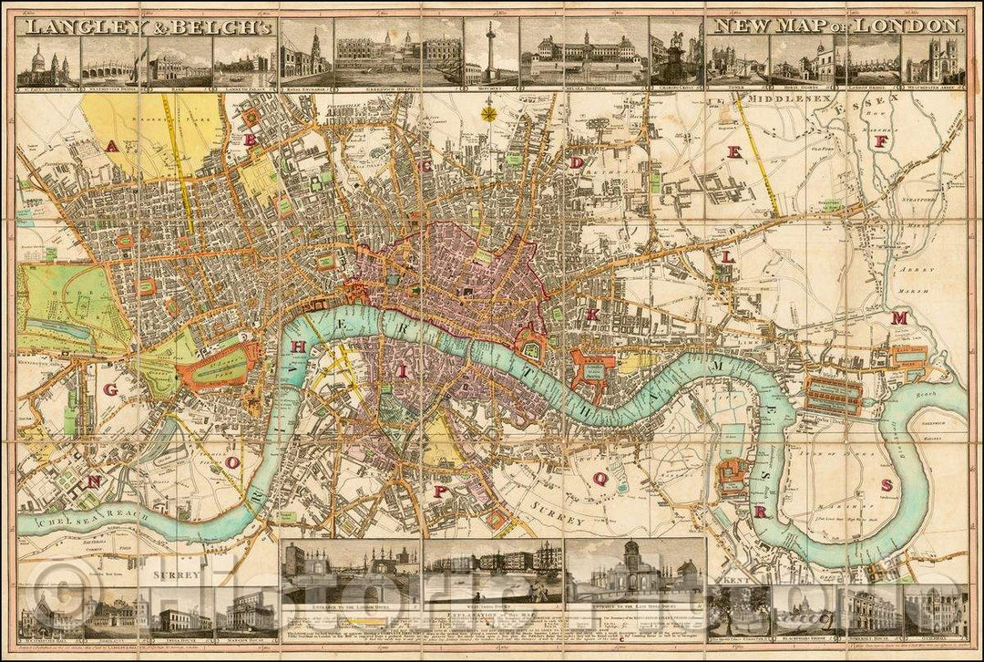 Historic Map - Langley & Belch's New Map of London, 1812, Langley & Belch - Vintage Wall Art