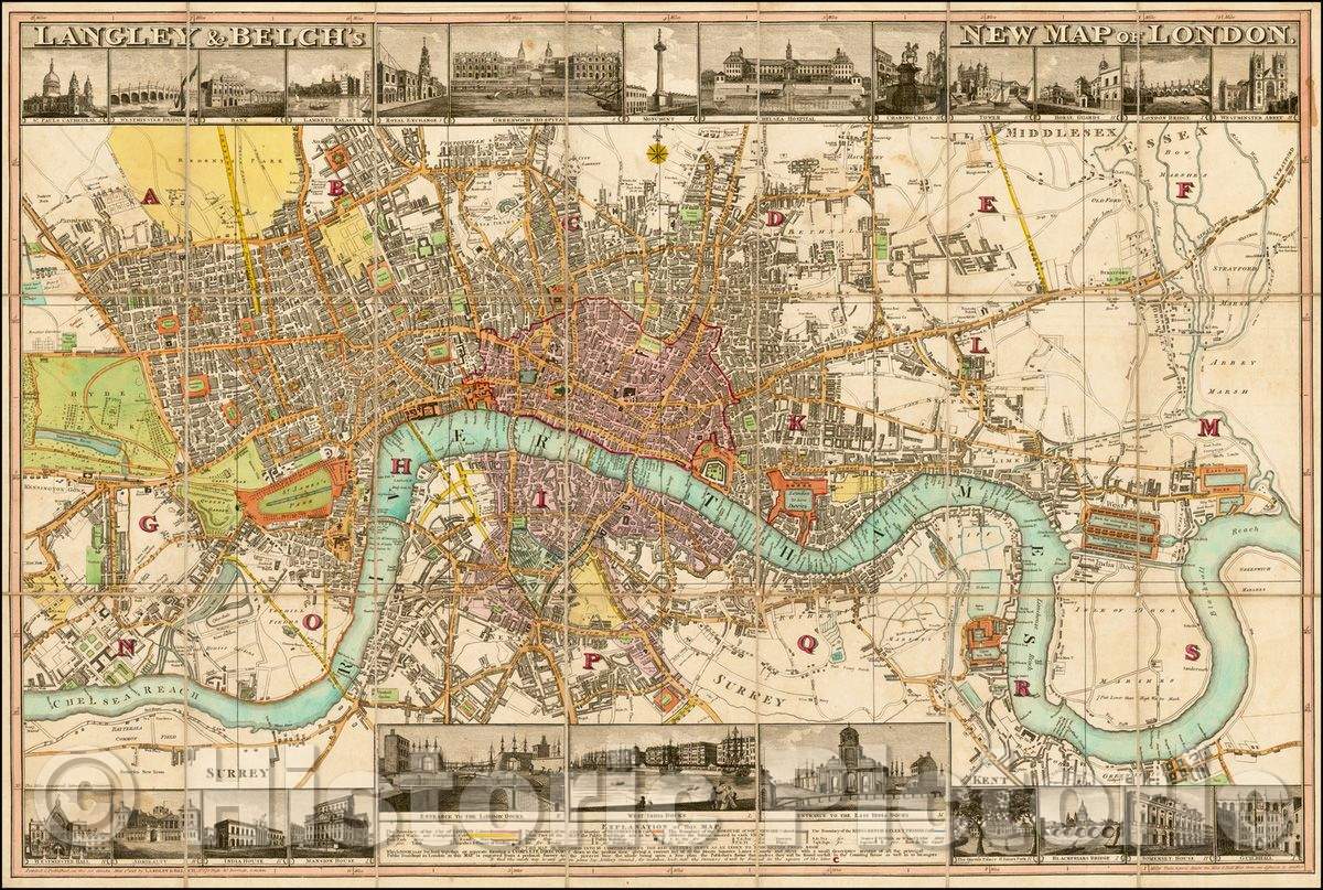 Historic Map - Langley & Belch's New Map of London, 1812, Langley & Belch - Vintage Wall Art