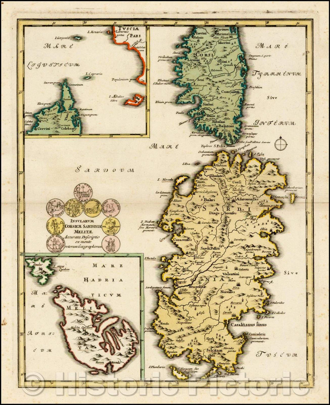 Historic Map - Insularum Corsicae Sardiniae Melitae Accurata Descriptio ex mente veterum Geographorum/Map of the islands of Corsica, Sardinia, and Malta, 1718 - Vintage Wall Art