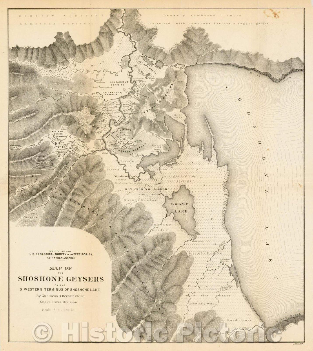 Historic Map - Map of the Shoshone Geysers on the S. Western Terminus of Shoshone Lake, 1873, U.S. Geological Survey - Vintage Wall Art