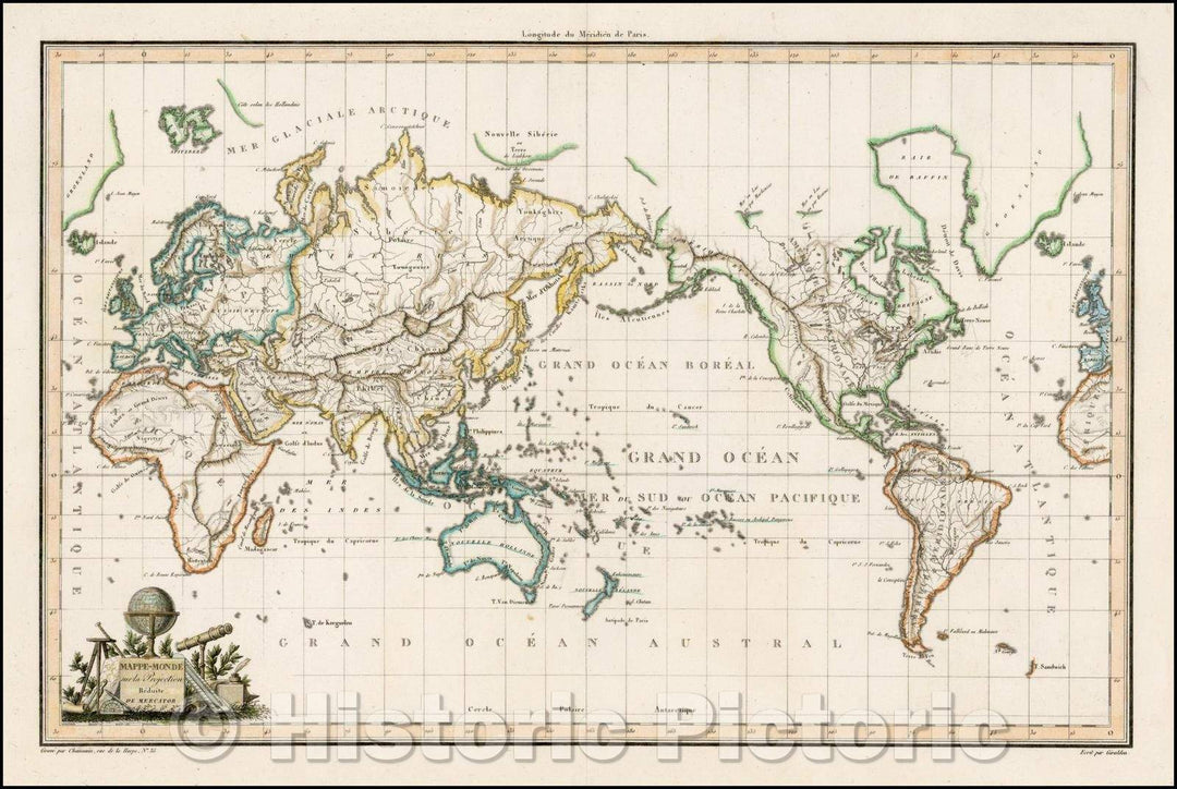 Historic Map - Mappe Monde sur la Projection Reduite De Mercator/Colorful Map of the world, Colorful Map of the world, 1812, Conrad Malte-Brun - Vintage Wall Art