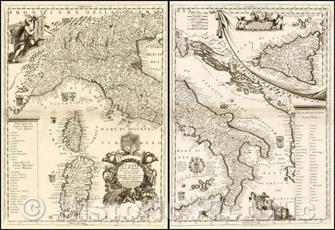 Historic Map - Italia Parte Occidentale/Italy Western Part. (And) Italy Eastern Part, 1690, Vincenzo Maria Coronelli - Vintage Wall Art