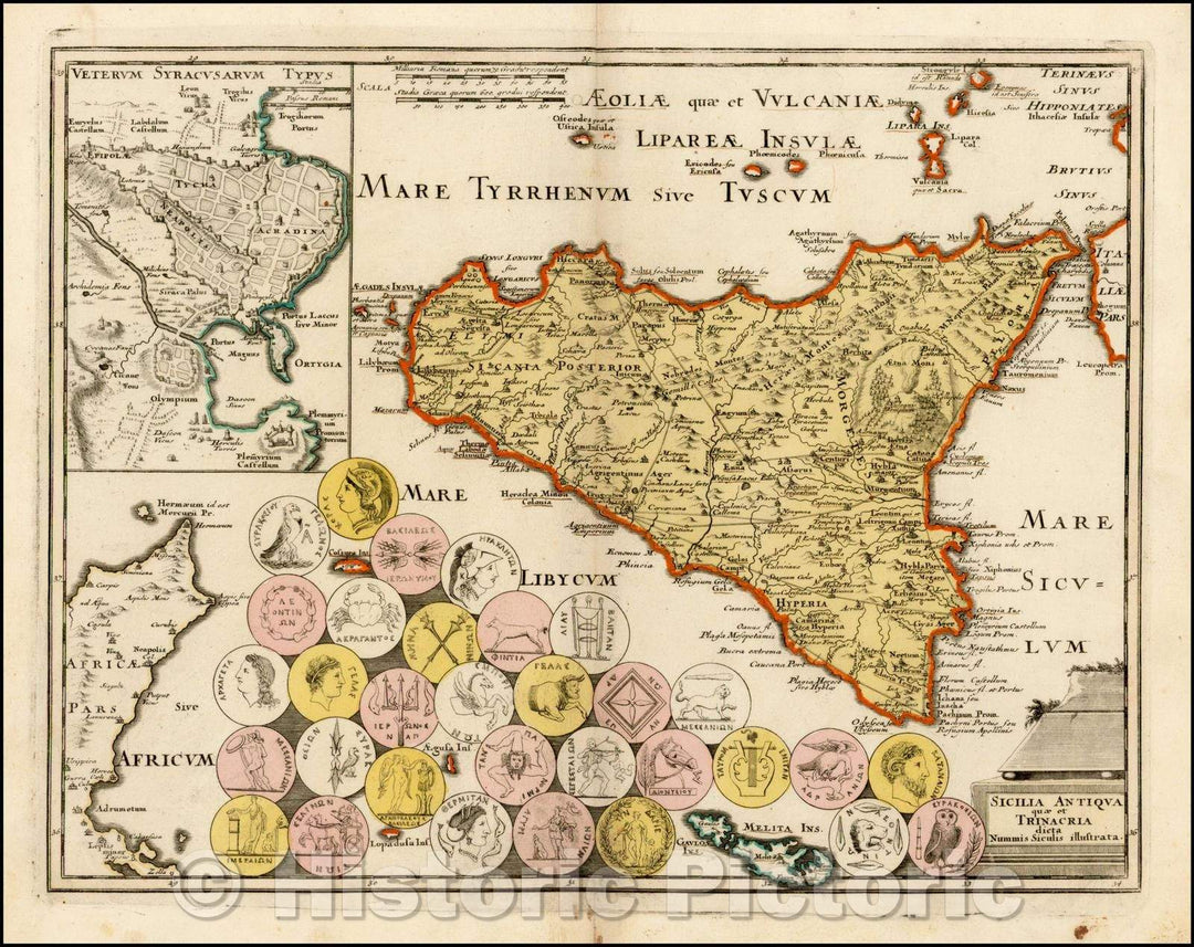 Historic Map - Sicilia Antiqua quae Sicania et Trinacria/Map centered on the island of Sicily, with a large inset town Plan of Ancient Syracuse, 1718 - Vintage Wall Art