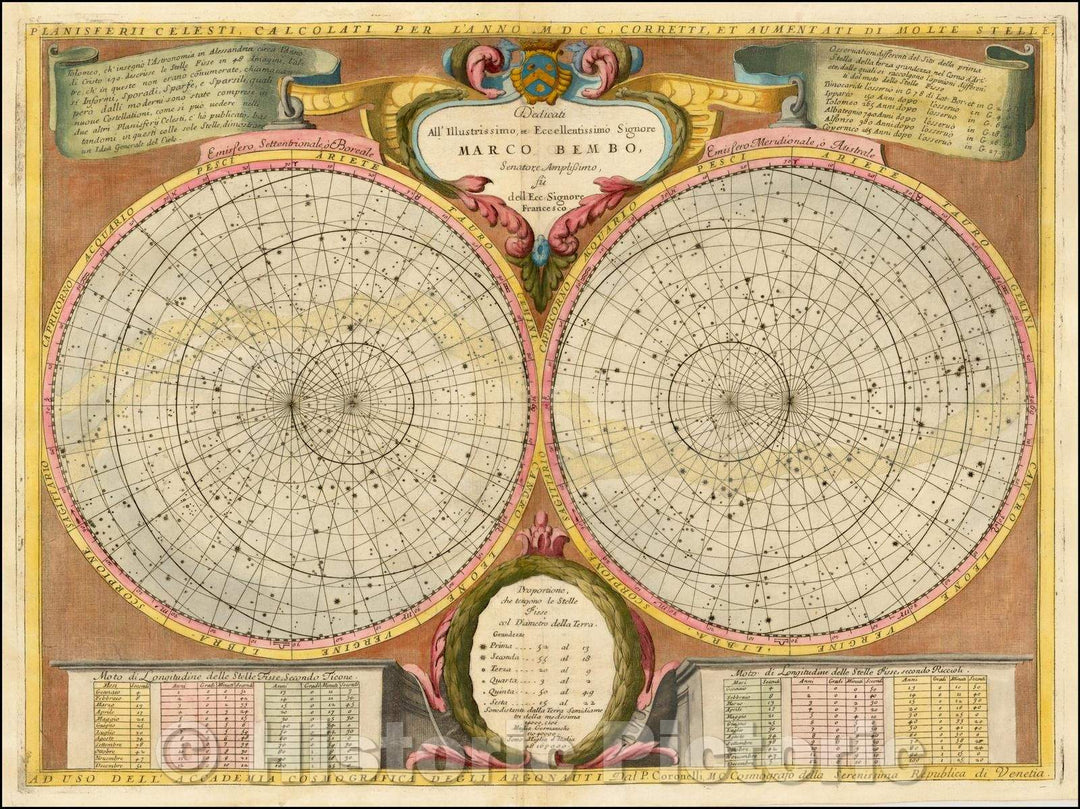 Historic Map - Planisferii Celesti, Calcolati Per L'Anno MDCC, Corretti/Double hemisphere celestial Map, scientific depiction of the heavens, 1691 - Vintage Wall Art