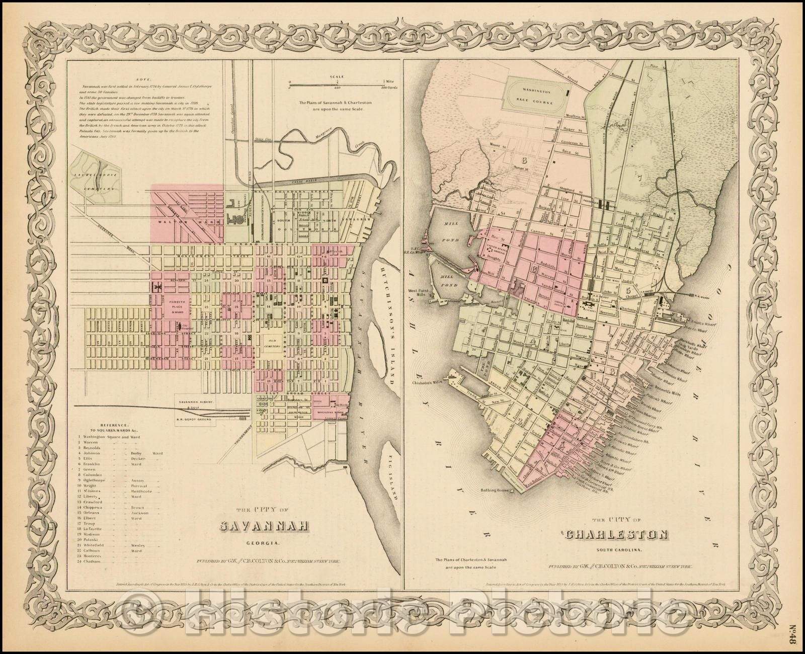 Historic Map - The City of Savannah Georgia [with] The City of Charleston South Carolina, 1865, G.W. & C.B. Colton - Vintage Wall Art