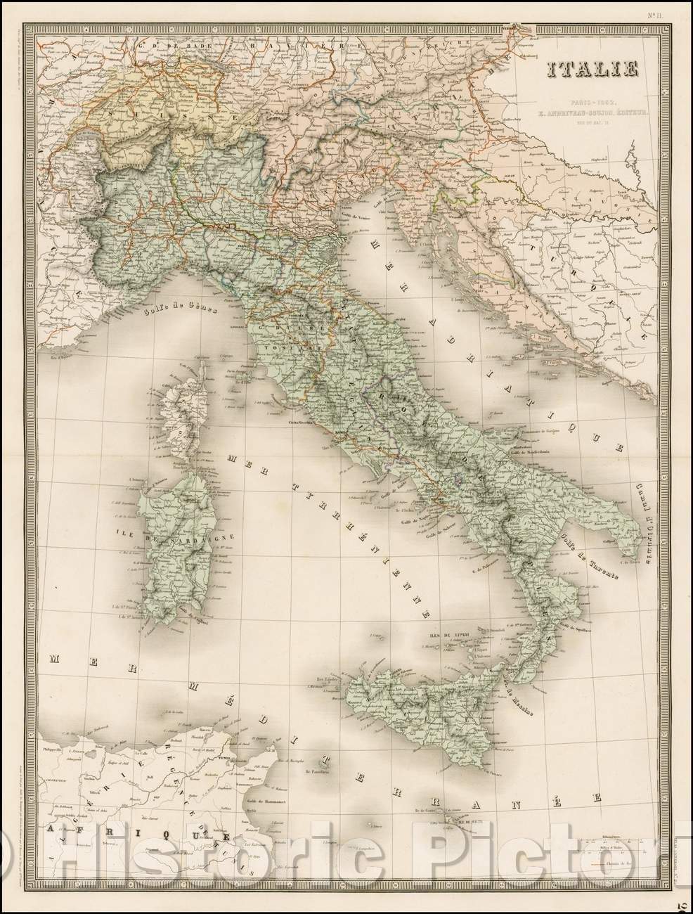 Historic Map - Italie/Map of Italy, colored by provinces, list of provinces and states of the Church, Sicily, Corsica and Sardinia, 1862 - Vintage Wall Art