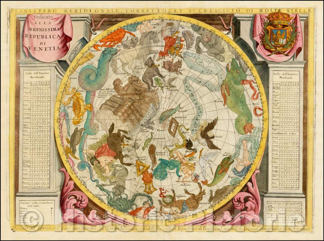 Historic Map - Planisfero Meridionale, Corretto, Et Accresciuto Di Molte Stelle :: Southern sky, published by Vincenzo Maria Coronelli in Venice, 1691 - Vintage Wall Art