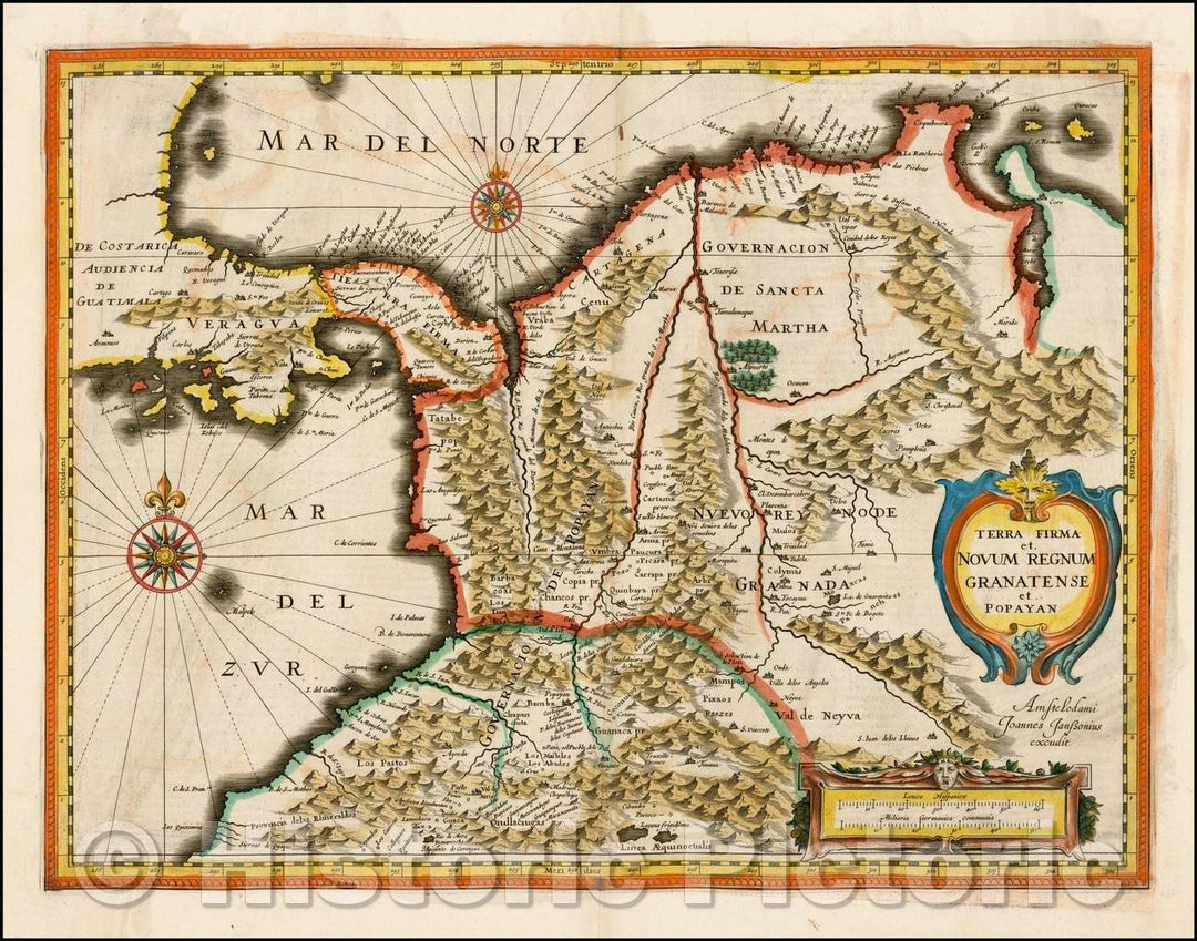 Historic Map - Terra Firma et Novum Regnum Granatense et Popayan (English edi :: Columbia, part of Ecuador extending south to Esmereldas, and Venezuela, 1635 - Vintage Wall Art