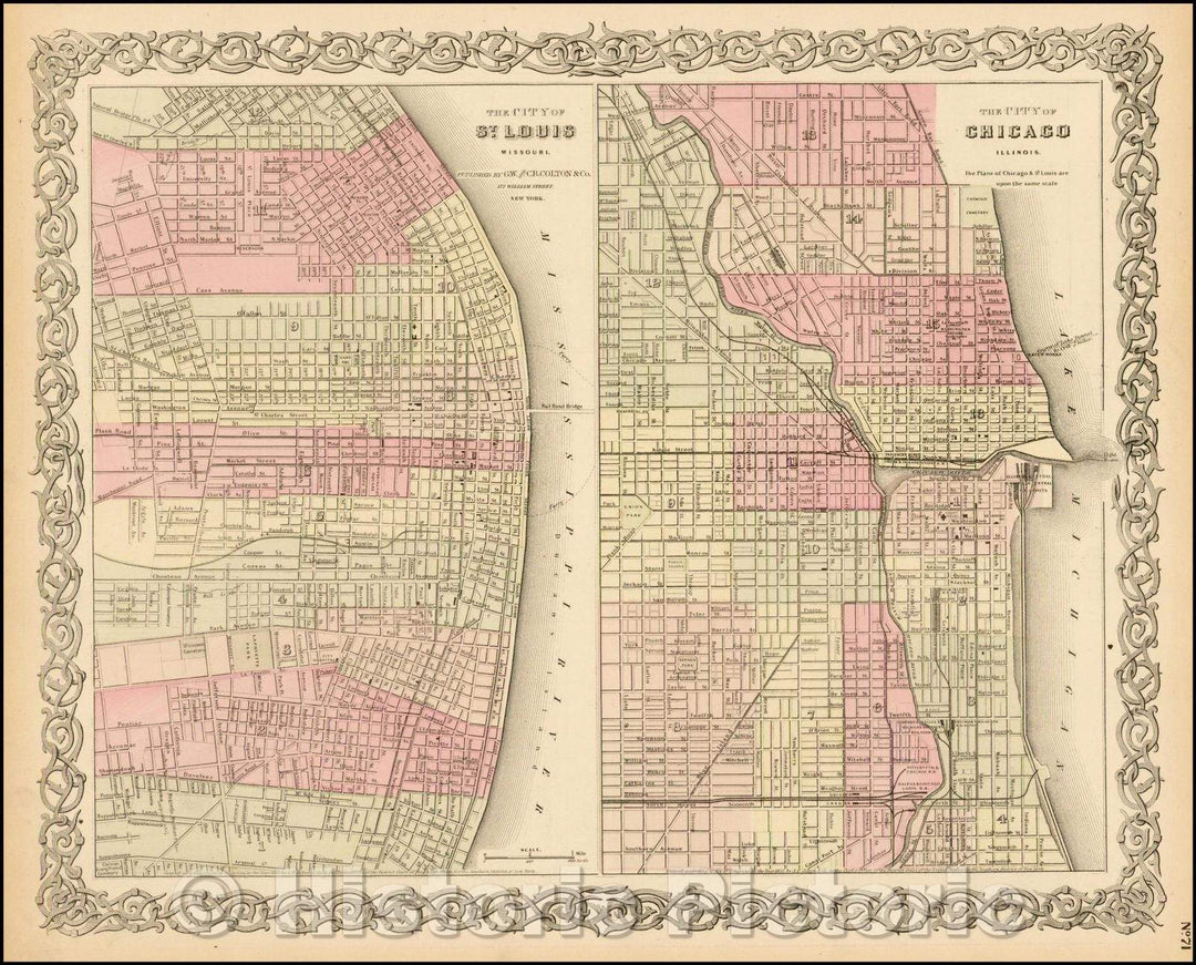 Historic Map - The City of St. Louis [with] The City of Chicago, 1869, G.W. & C.B. Colton - Vintage Wall Art