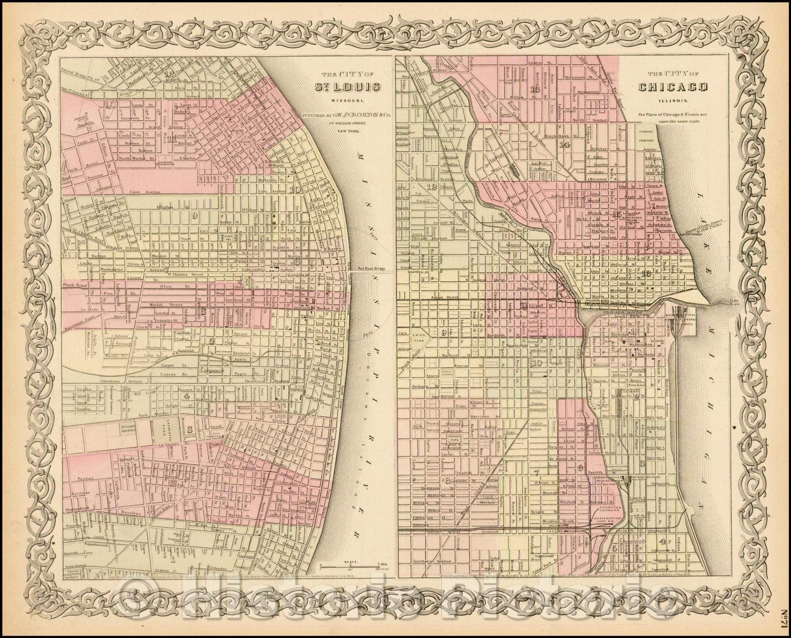 Historic Map - The City of St. Louis [with] The City of Chicago, 1869, G.W. & C.B. Colton - Vintage Wall Art