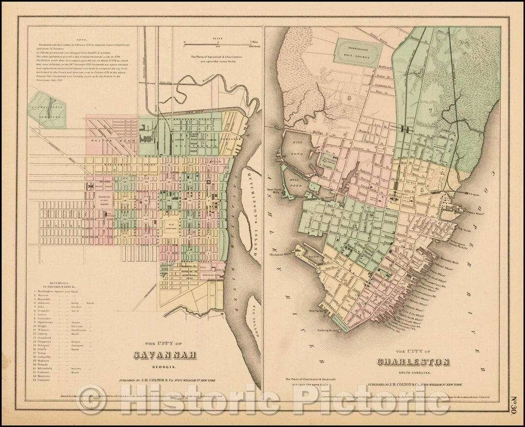 Historic Map - The City of Savannah Georgia [with] The City of Charleston South Carolina, 1857, Joseph Hutchins Colton - Vintage Wall Art