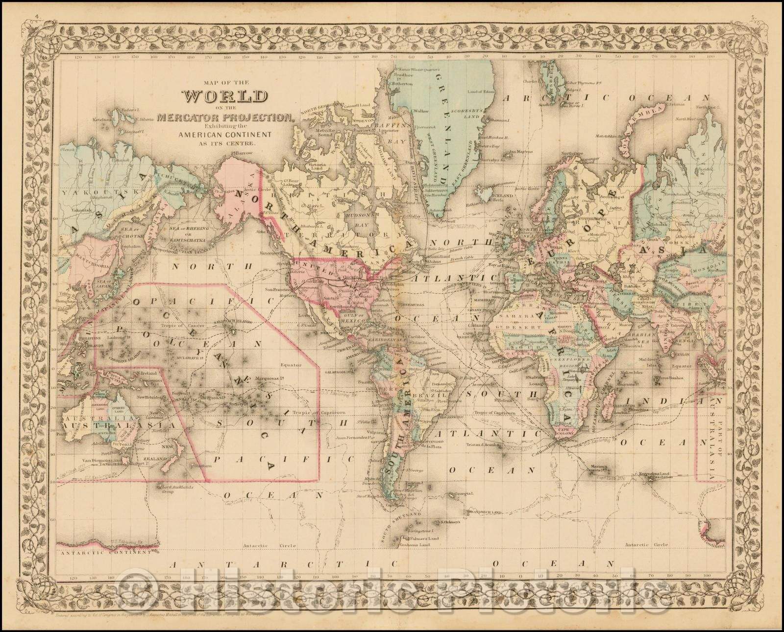 Historic Map - Map of the World on The Mercator Projection, Exhibiting the American Continent As Its Centre, 1879, Samuel Augustus Mitchell Jr. - Vintage Wall Art