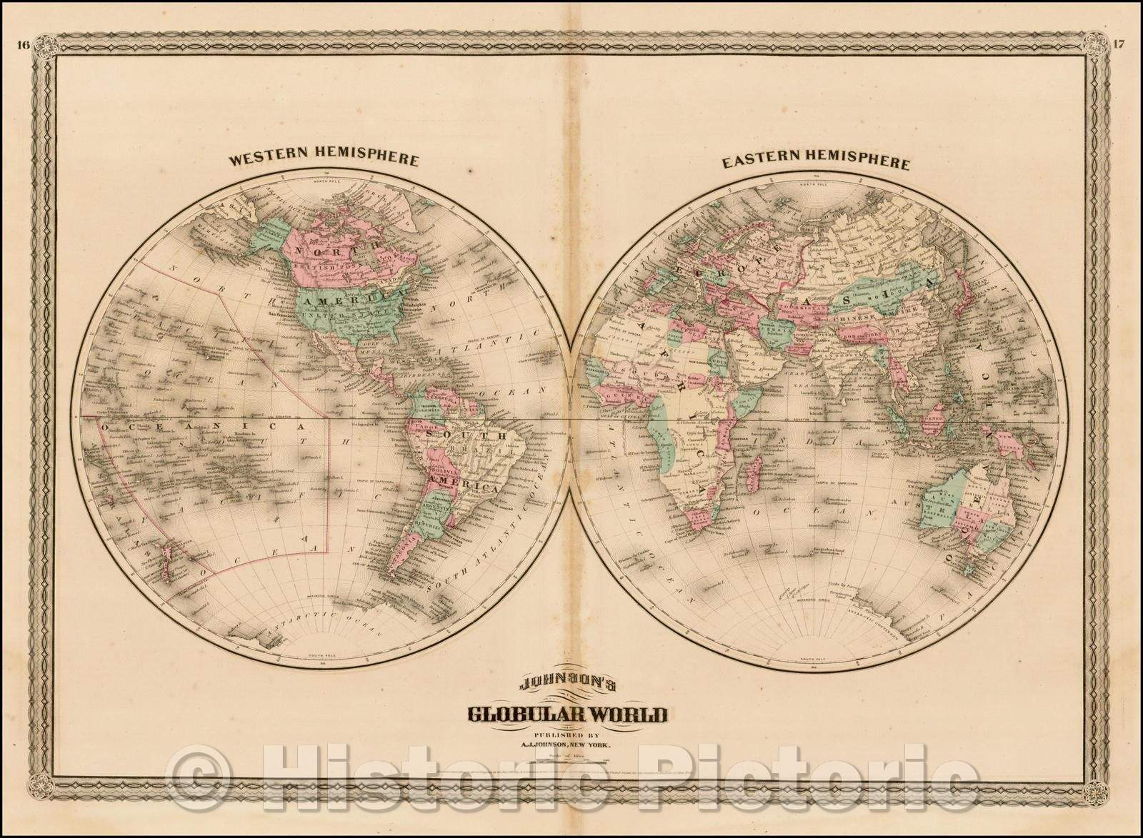 Historic Map - Johnson's Globular World, 1875, Benjamin Ward - Vintage Wall Art