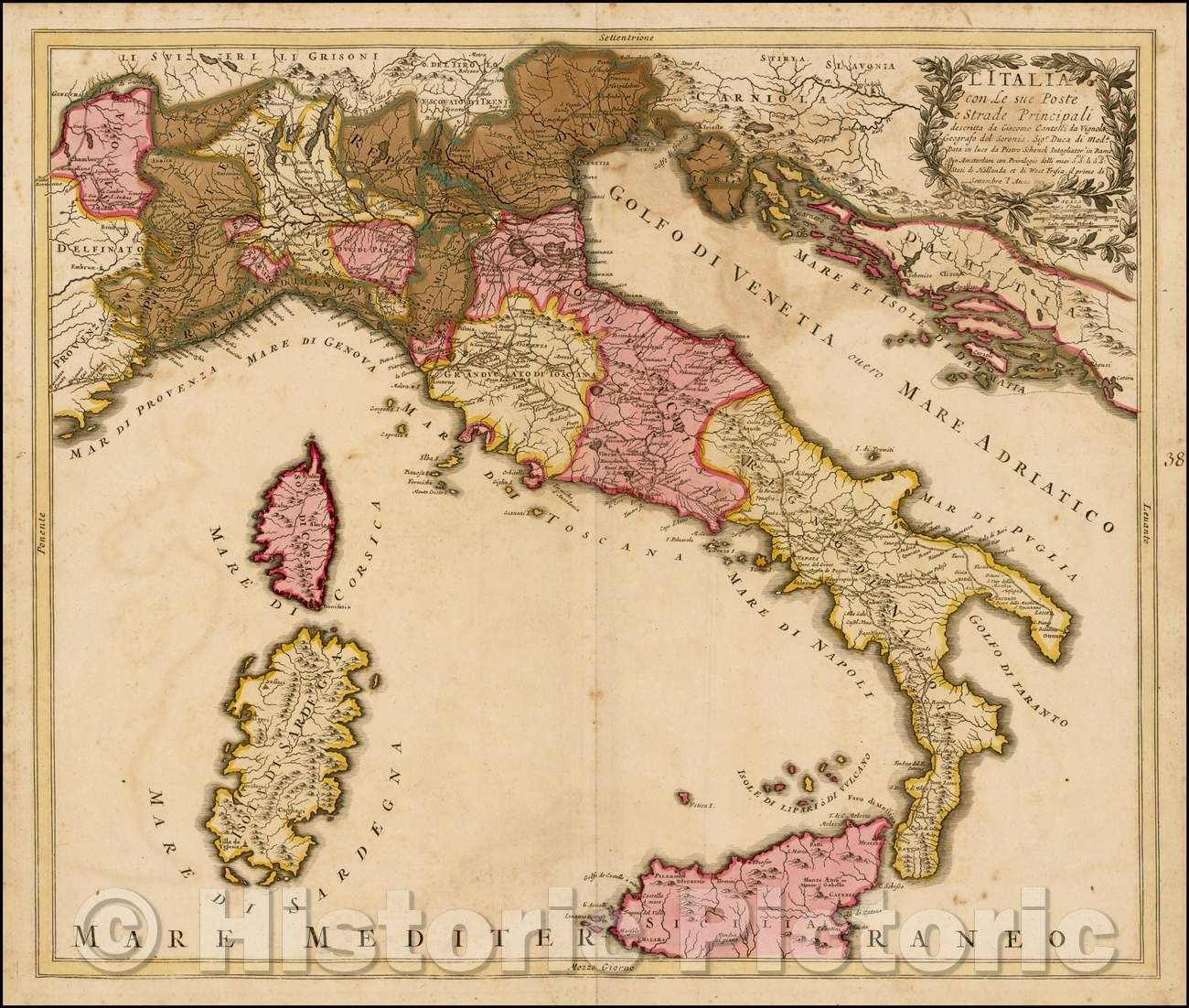 Historic Map - L'Italia con Le sue Poste e Strade Principali descritta da Giacomo Cantelli/Italy with Her Post and Highways described by Giacomo Cantelli, 1701 - Vintage Wall Art