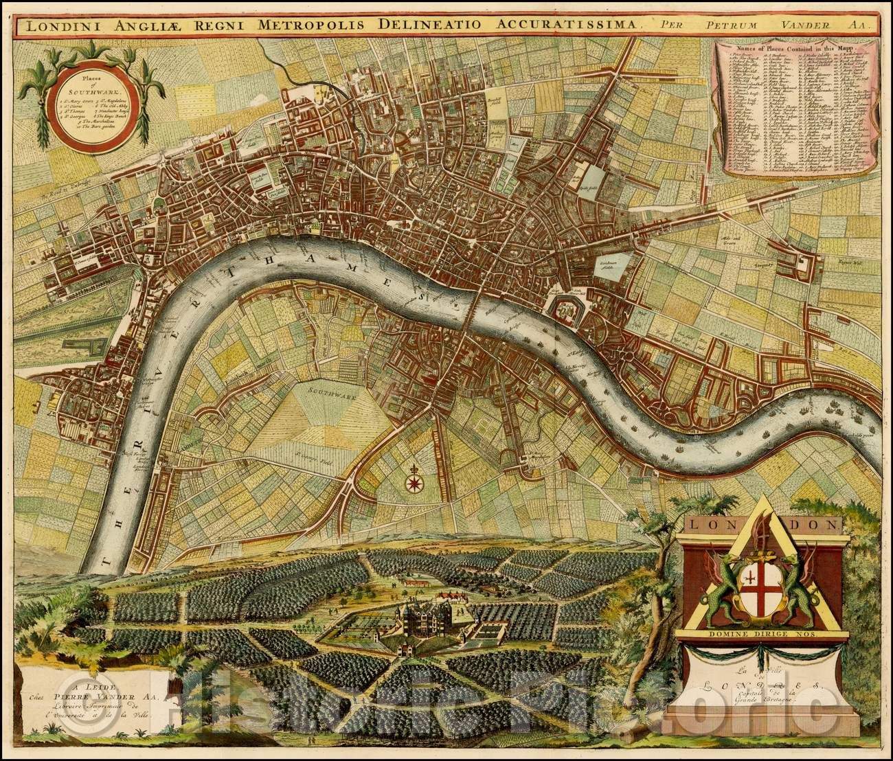 Historic Map - Londini Angliae Regni Metropolis Delineatio Accuratissima/Plan of London and environs, Johannes De Ram in Amsterdam, 1729, Pieter van der Aa - Vintage Wall Art