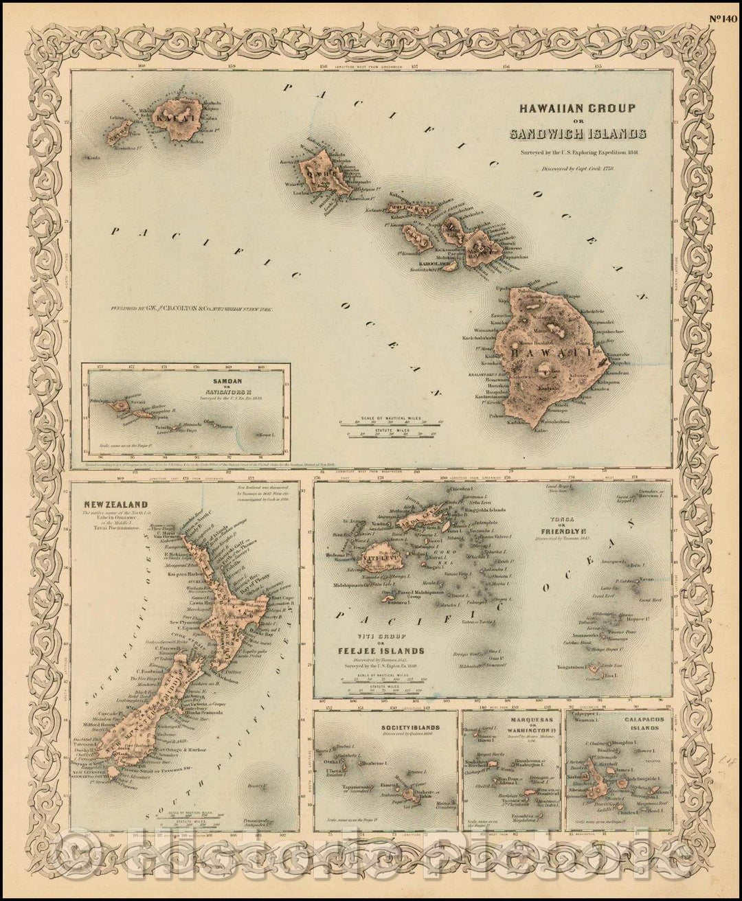 Historic Map - Hawaiian Group or Sandwich Islands [with] New Zealand [and] Feejee Group, Society Island, Marquesas and Galapagos Islands, 1870 - Vintage Wall Art