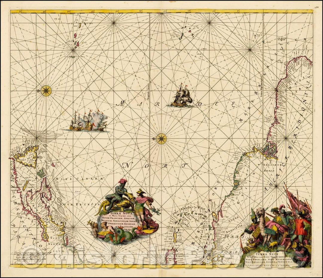 Historic Map - Terra Nova ac Maris Tractus circa Novam Franciam, Angliam, Belgium, Venezuelam, Novam Andalusiam, Guianam, et Brasiliam, 1675, Frederick De Wit v2