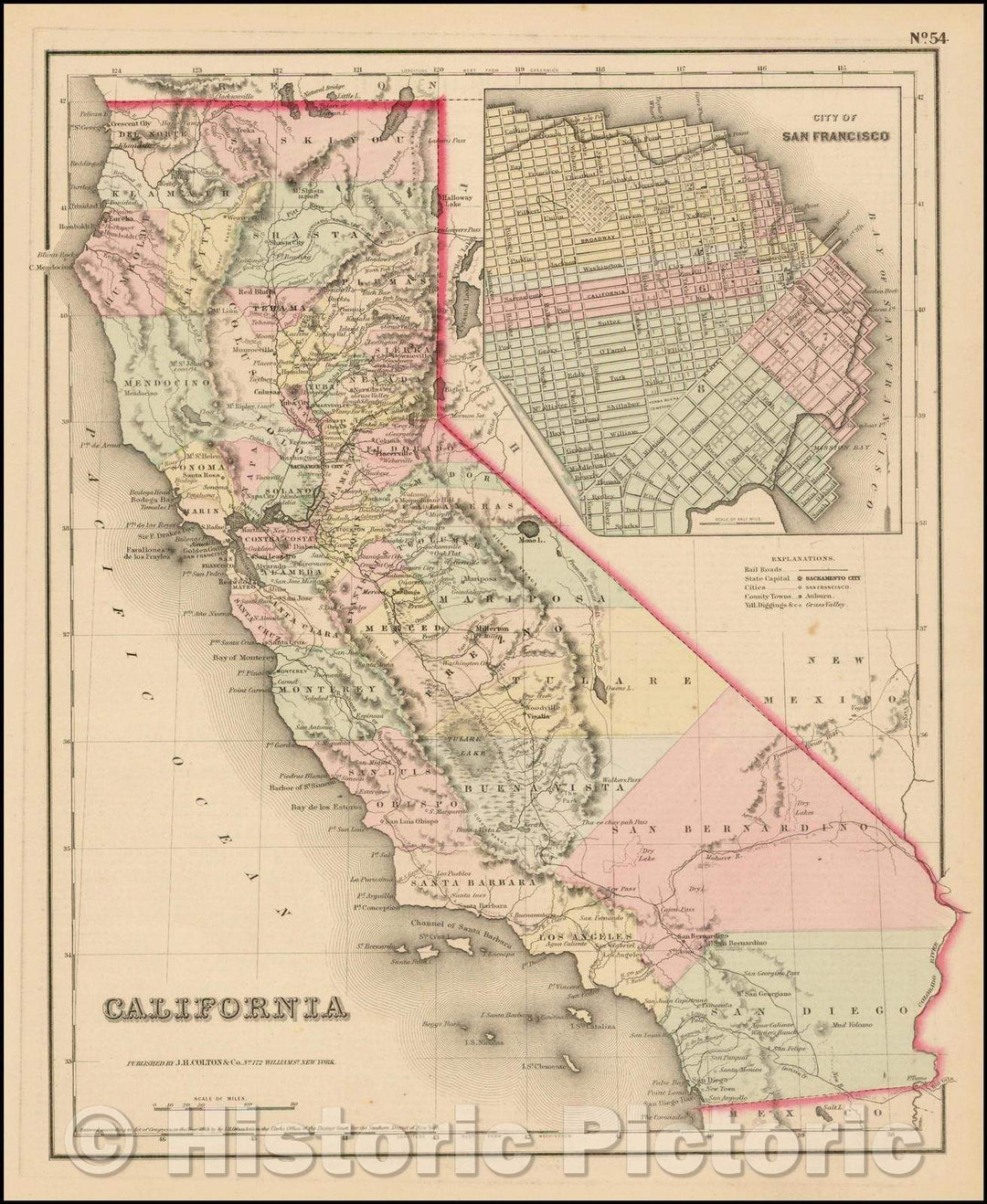 Historic Map - California, 1857, Joseph Hutchins Colton - Vintage Wall Art