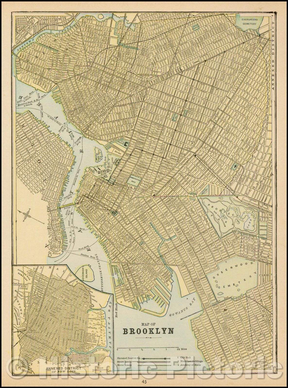 Historic Map - Map of Brooklyn, 1890, George F. Cram - Vintage Wall Art