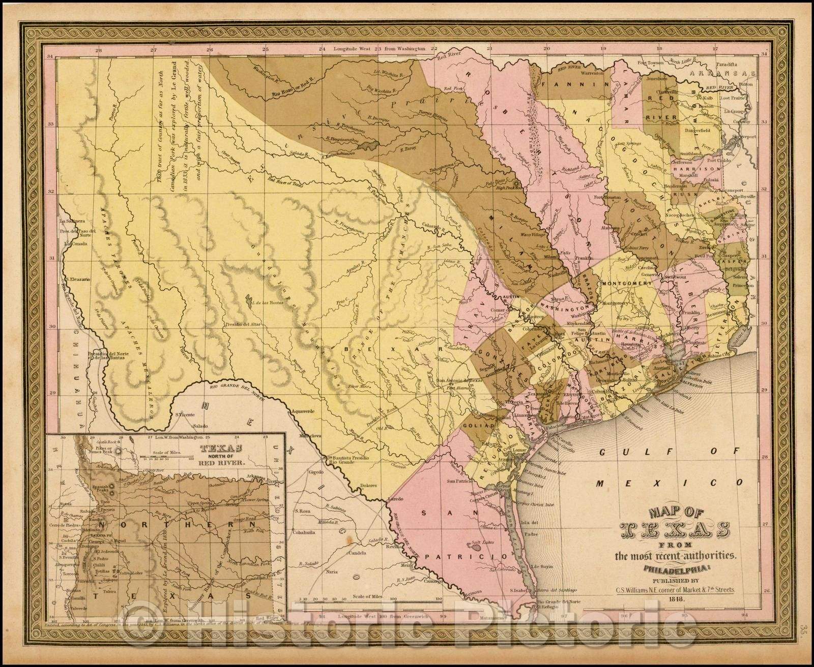 Historic Map - Map of Texas From the most recent authorities, 1848, Samuel Augustus Mitchell - Vintage Wall Art