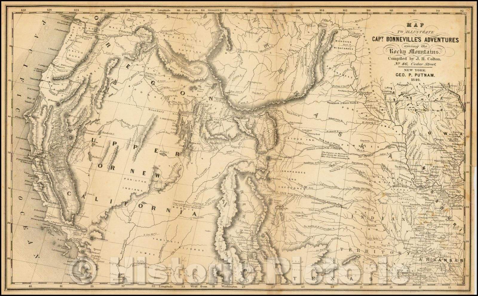 Historic Map - Map To Illustrate Capt. Bonneville's Adventures among the Rocky Mountains, 1849, Joseph Hutchins Colton - Vintage Wall Art