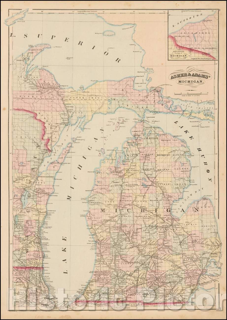 Historic Map - Asher & Adams' Michigan, 1874, Asher - Vintage Wall Art