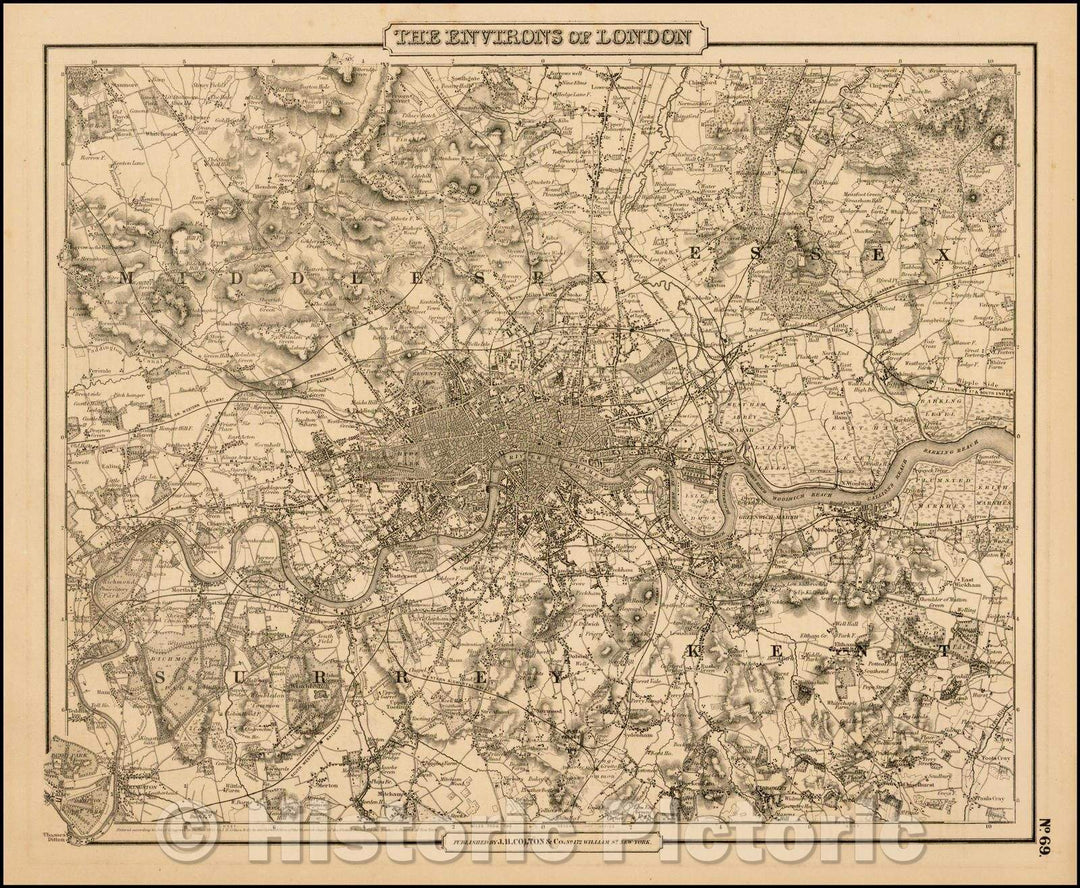 Historic Map - The Environs of London, 1857, Joseph Hutchins Colton - Vintage Wall Art