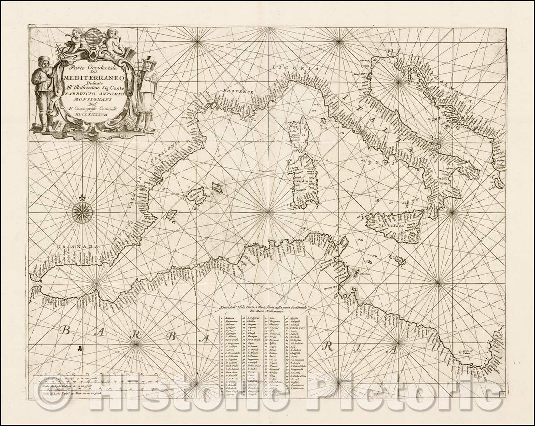 Historic Map - Parte Occidentale del Mediterraneo/Part of the Western Mediterranean. MDCLXXXXVII, 1697, Vincenzo Maria Coronelli - Vintage Wall Art