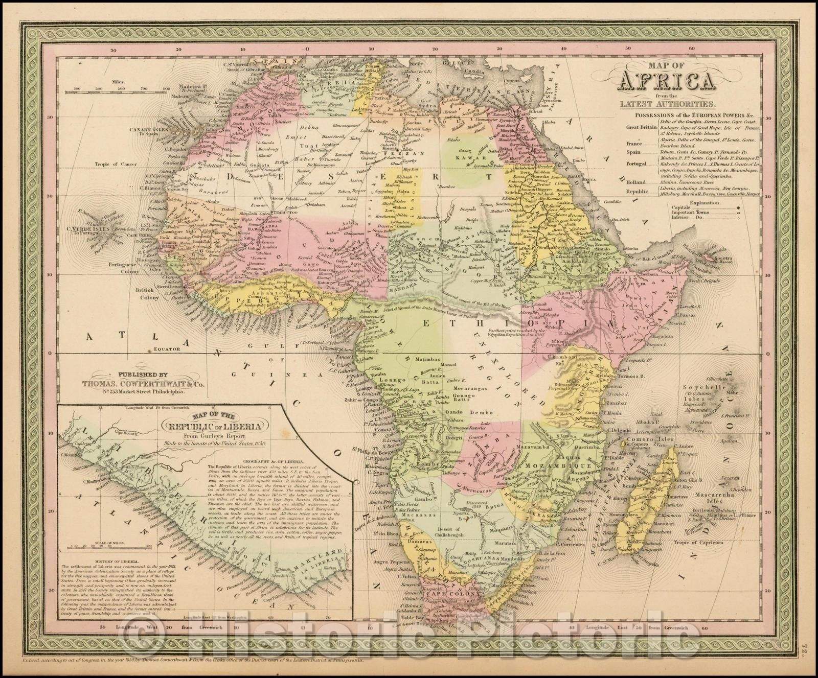 Historic Map - Map of Africa from the Latest Authorities, 1850, Thomas, Cowperthwait & Co. v2