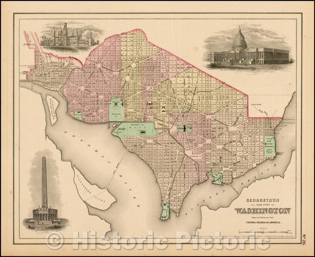 Historic Map - Georgetown And The City Of Washington The Capitol of the United States of America, 1857, Joseph Hutchins Colton - Vintage Wall Art