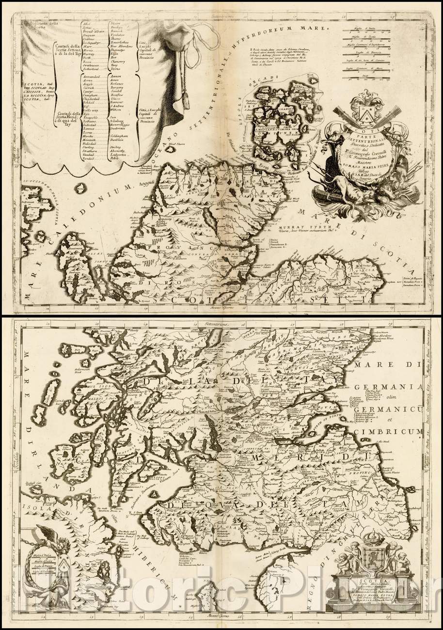 Historic Map - [Scotland] Scotia Parte Settentrionale /[Scotland] Part Scotia Holland. [And] Partie South Scotia, 1690, Vincenzo Maria Coronelli - Vintage Wall Art