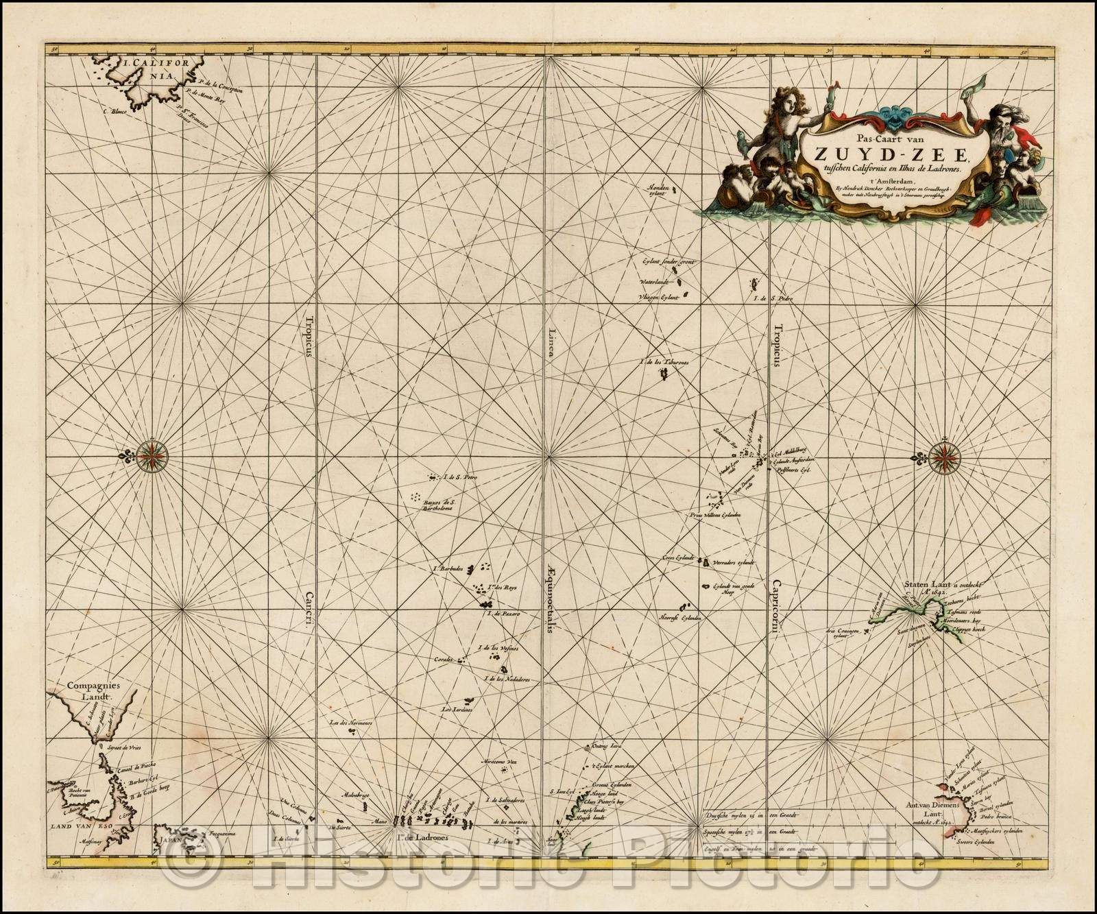 Historic Map - Pas-Caart van Zuyd-Zee tusschen California en Ilhas de Ladrones :: South Sea between California, Shows New Zealand, 1666 - Vintage Wall Art