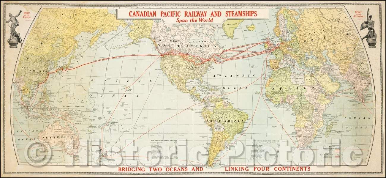 Historic Map - Canadian Pacific Railway and Steamships Span the World : Bridging Two Oceans and Linking Four Continents, 1923, Matthews-Nortrup & Co. - Vintage Wall Art