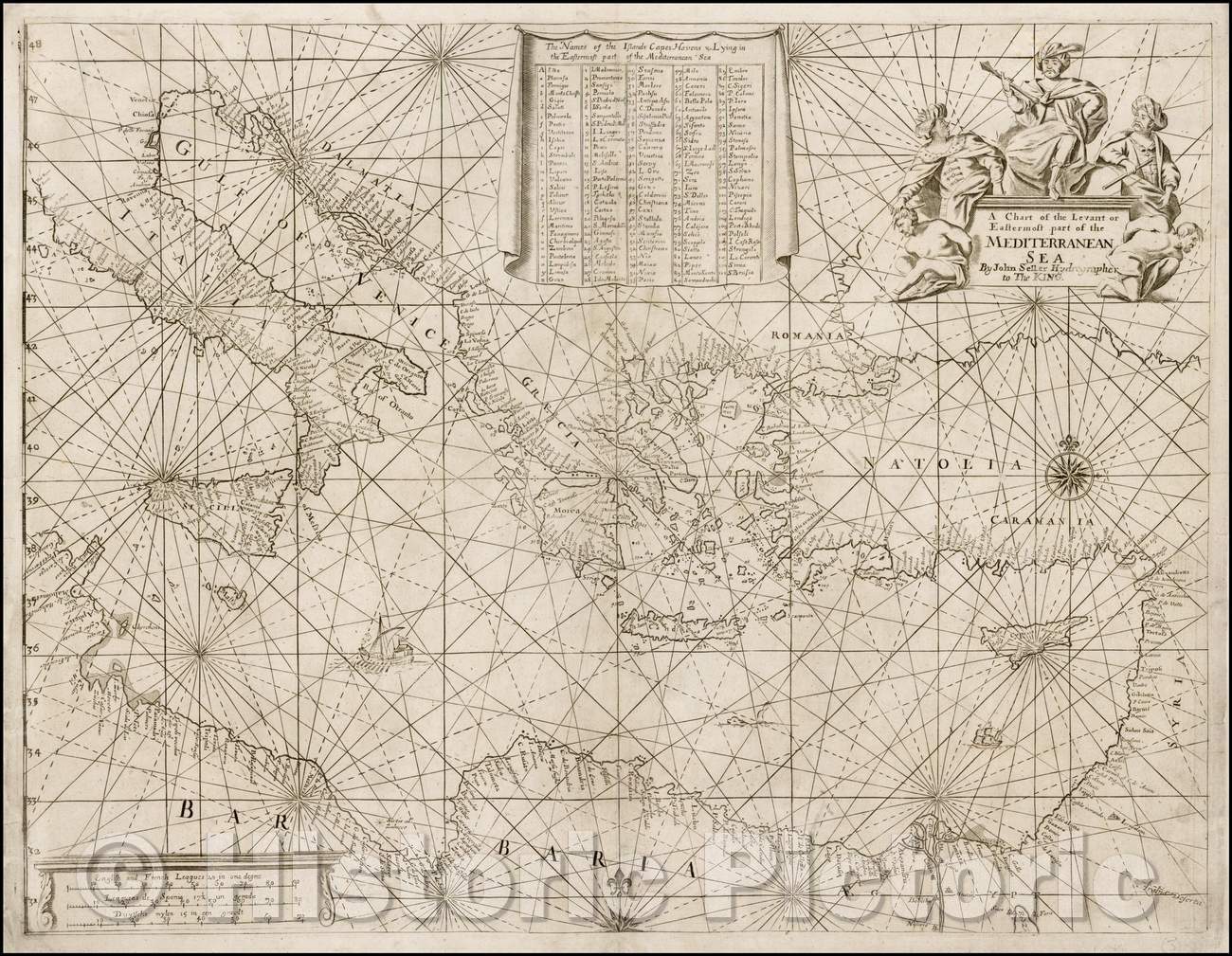 Historic Map - A Chart of the Levant or Eastermost part of the Mediterranean Sea, 1675, John Seller - Vintage Wall Art