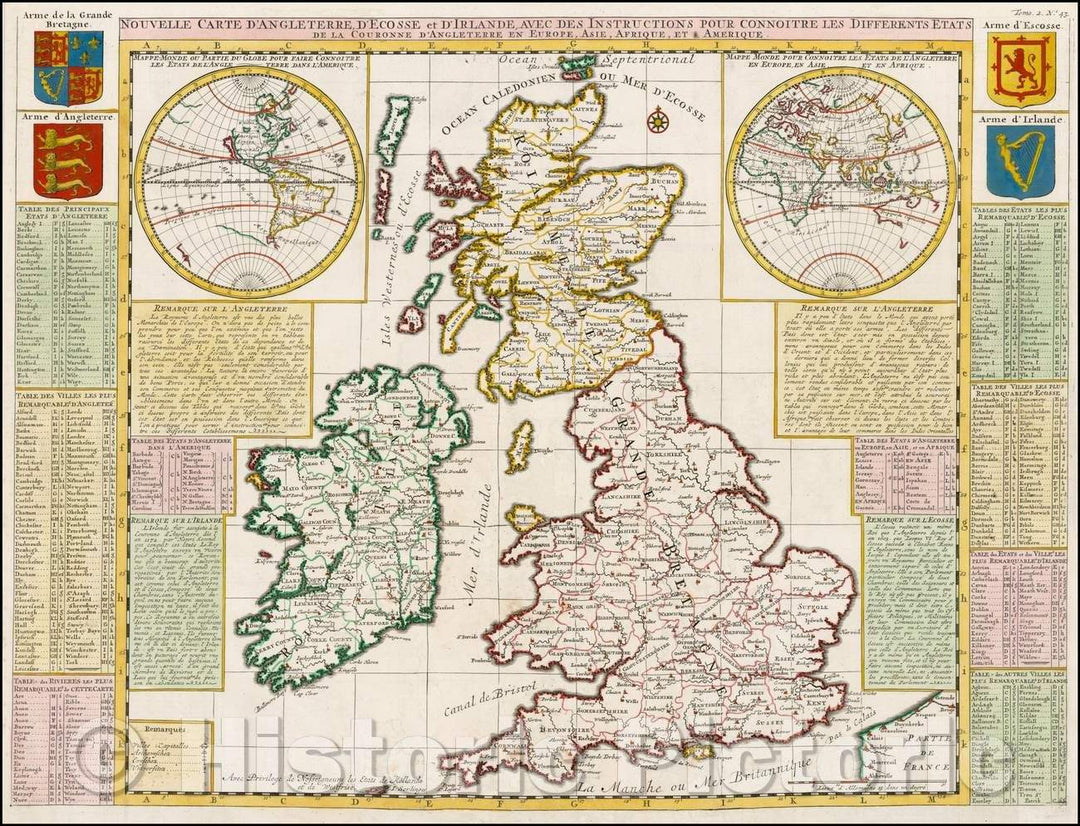 Historic Map - Nouvelle Carte D'Angleterre, D'Ecosse, et D'Irlande Avec Des Instructions :: Format of British Isles, England, Ireland, Scotland and Wales, 1719 - Vintage Wall Art