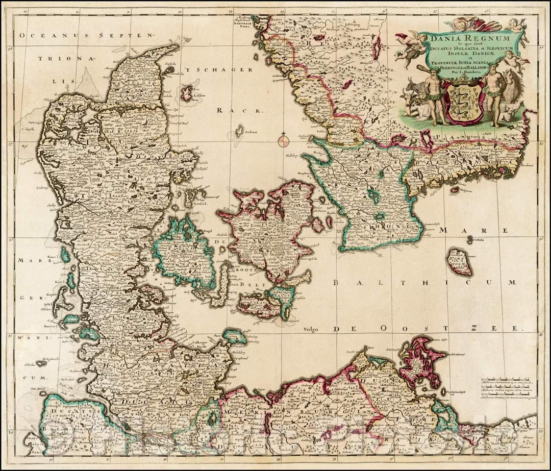 Historic Map - Dania Regnum In quo sunt Ducatus Holsatia et Slesvicum Insulae Danicae et Provinciae/Justus Danckert's Map of Denmark, Sweden and Norway, 1690 - Vintage Wall Art